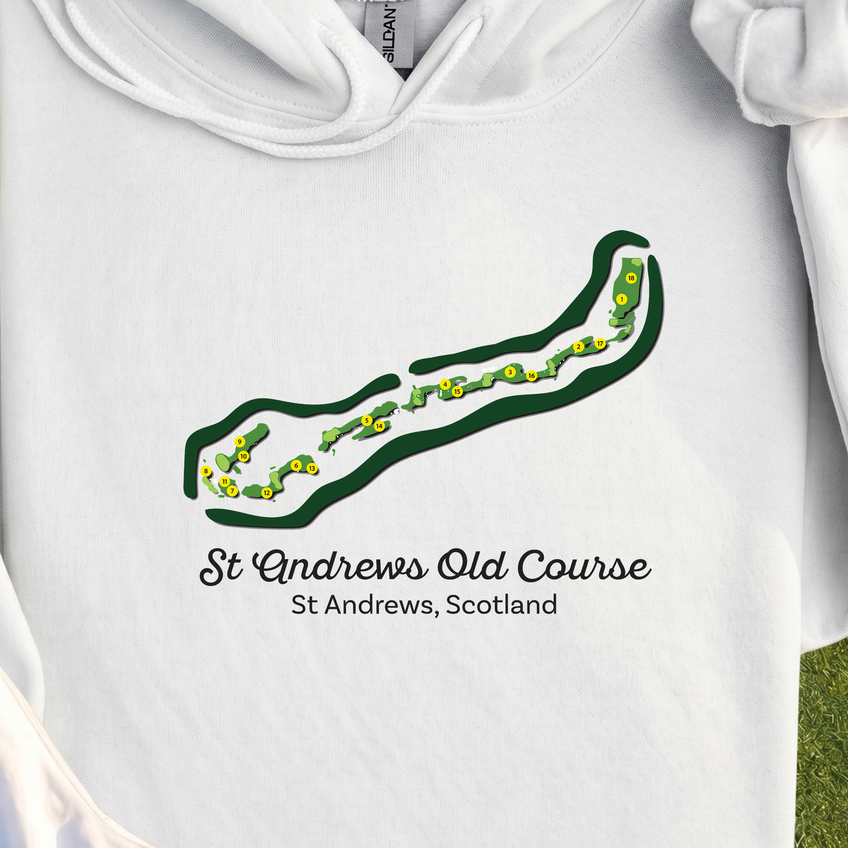 St Andrews Course Map Hoodie, print close-up on White