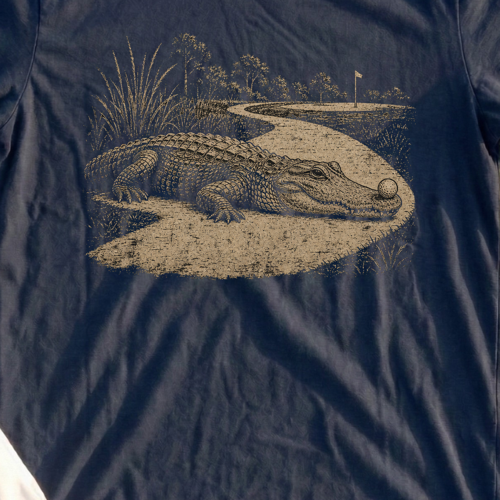 Playin It Where It Lies Tee, print close-up on Navy
