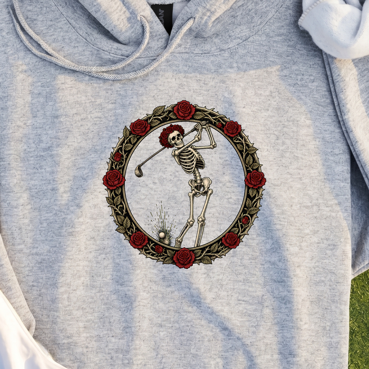 Rose Skeleton Crest Hoodie, print close-up on Sport Grey