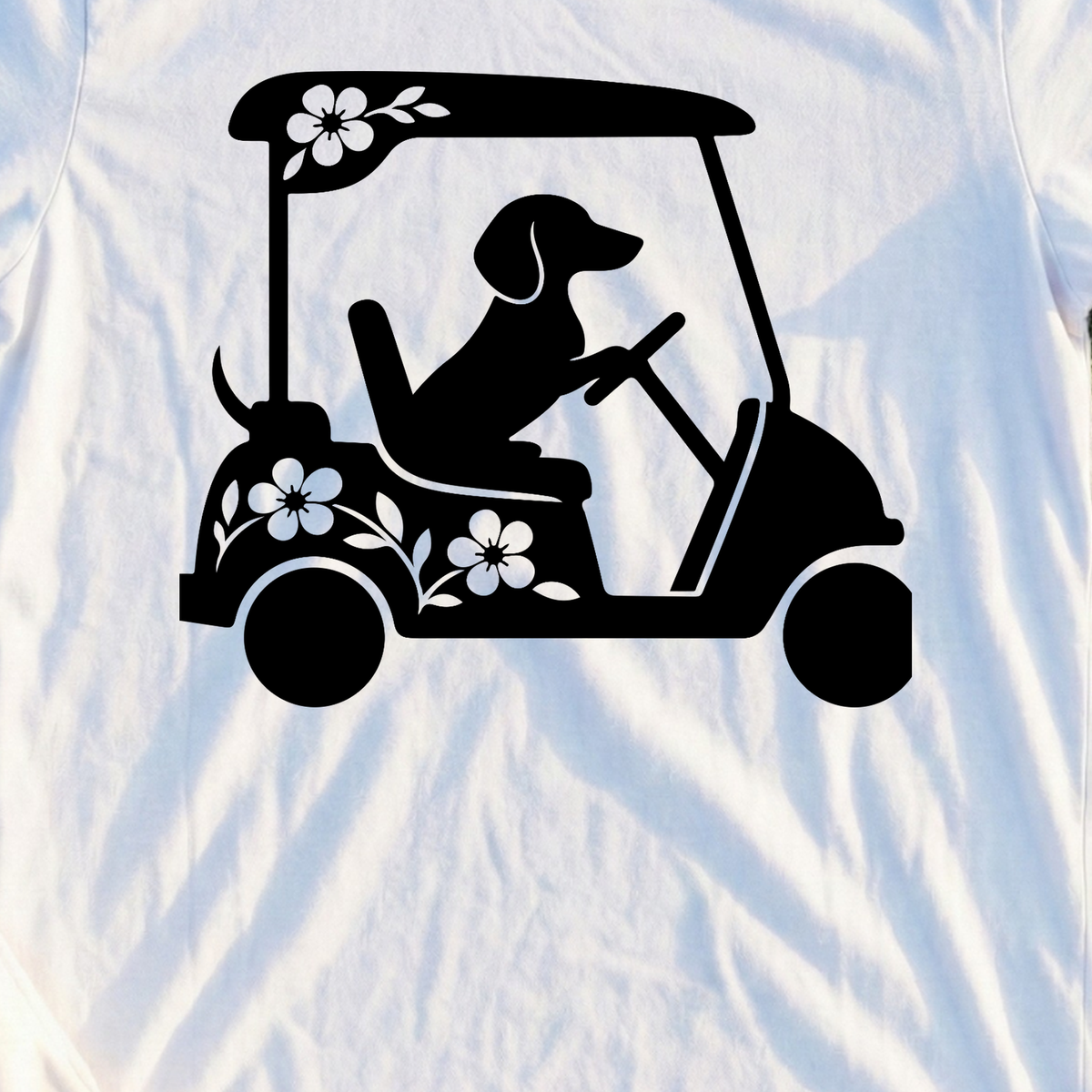 Dog Drives The Cart Tee, print close-up on White