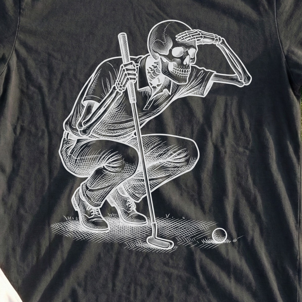 Skeleton, Lining Up The Putt Tee, print close-up on Black