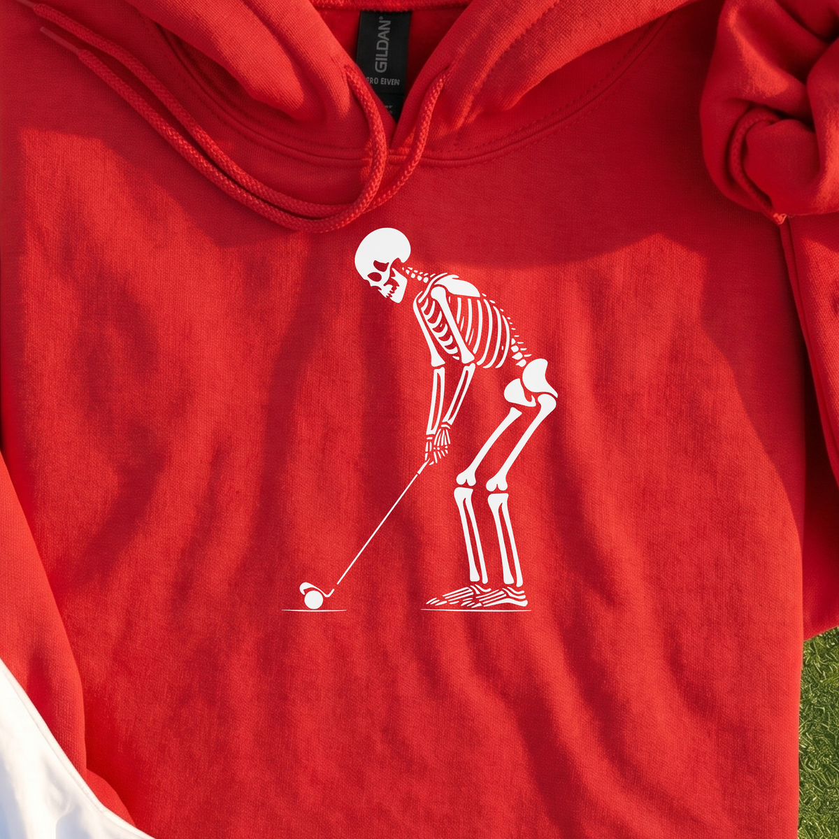 Skeleton Golfer Hoodie, print close-up on Red