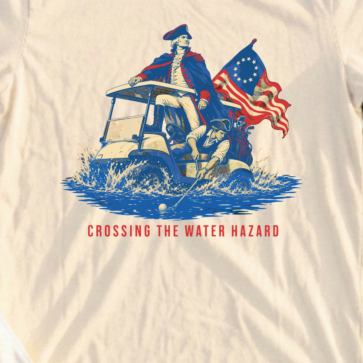Crossing The Water Hazard Flag Tee, print close-up on Natural