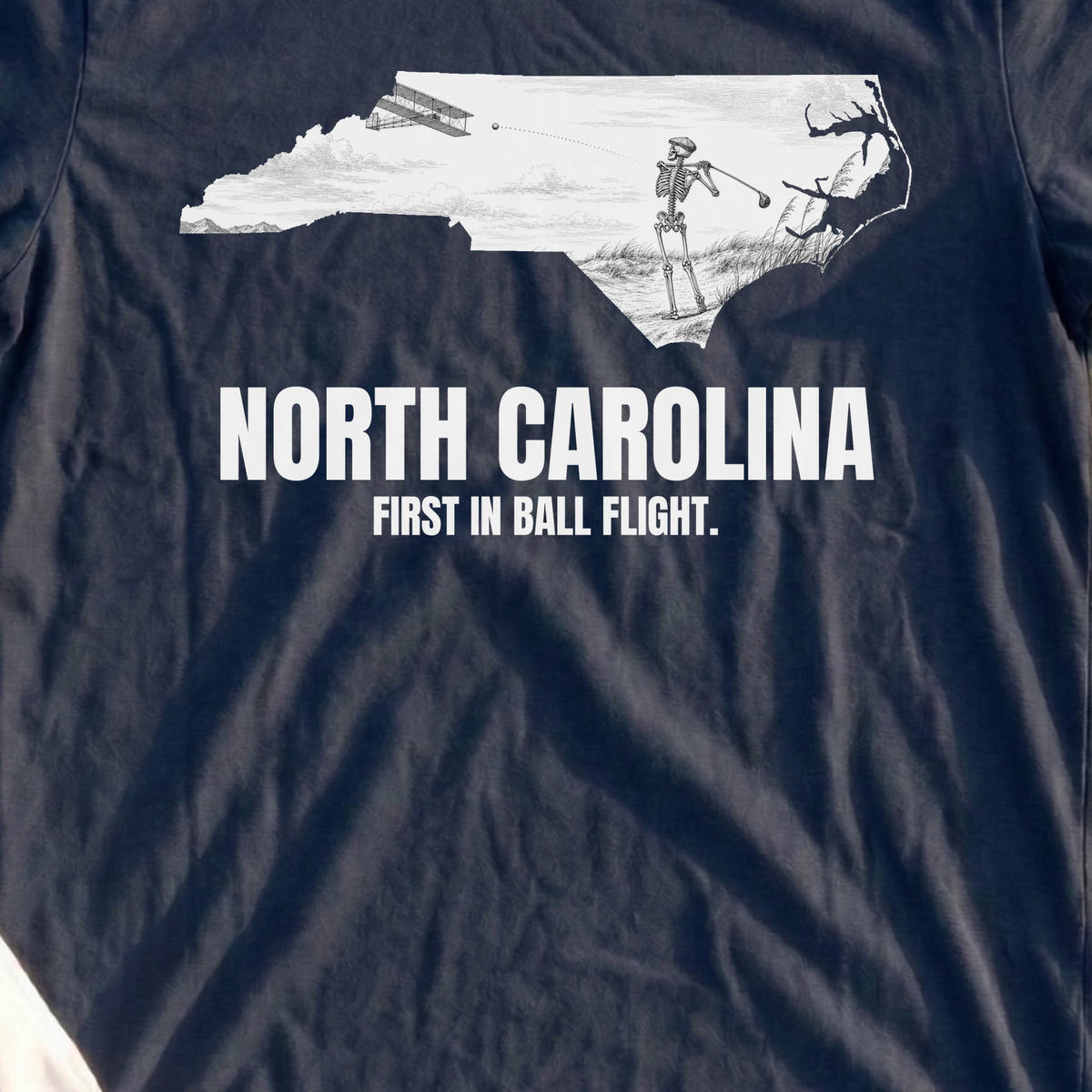 North Carolina First In Ball Flight Tee, print close-up on Navy