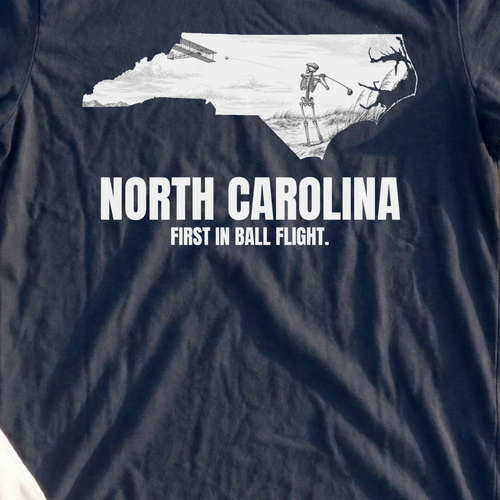 North Carolina First In Ball Flight Tee, print close-up on Navy