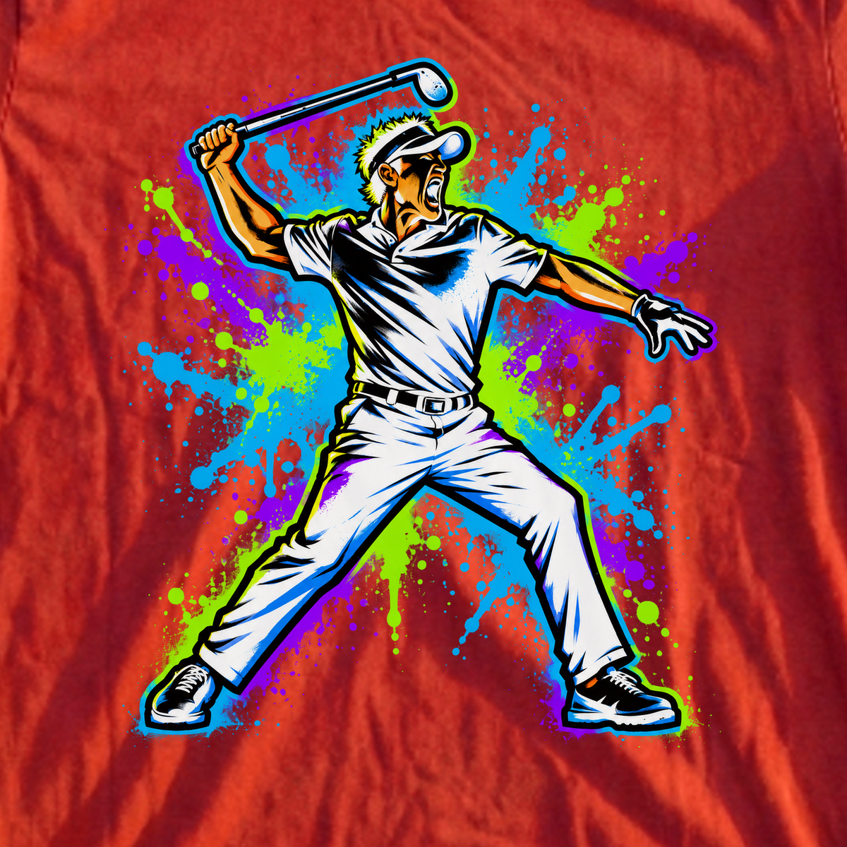 Angry Golfer Graffiti Tee, print close-up on Red