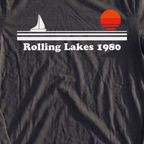 Rolling Lakes Yacht Club 1980 Long Sleeve Tee, print close-up on Black