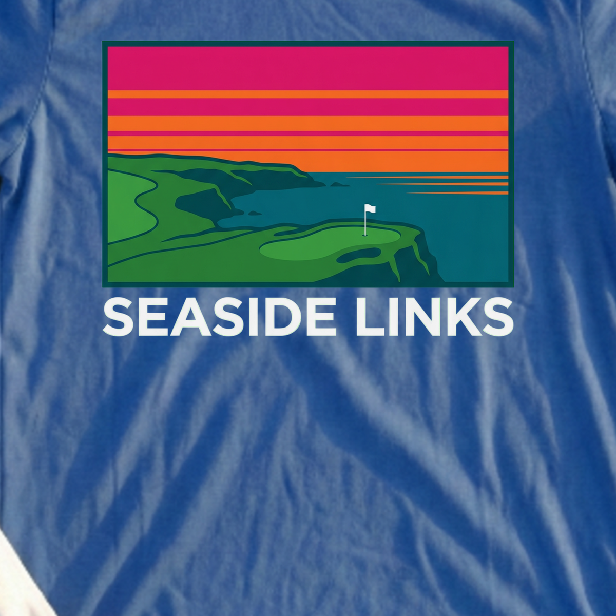 Seaside Links, Sunset Travel Poster Tee, print close-up on Royal