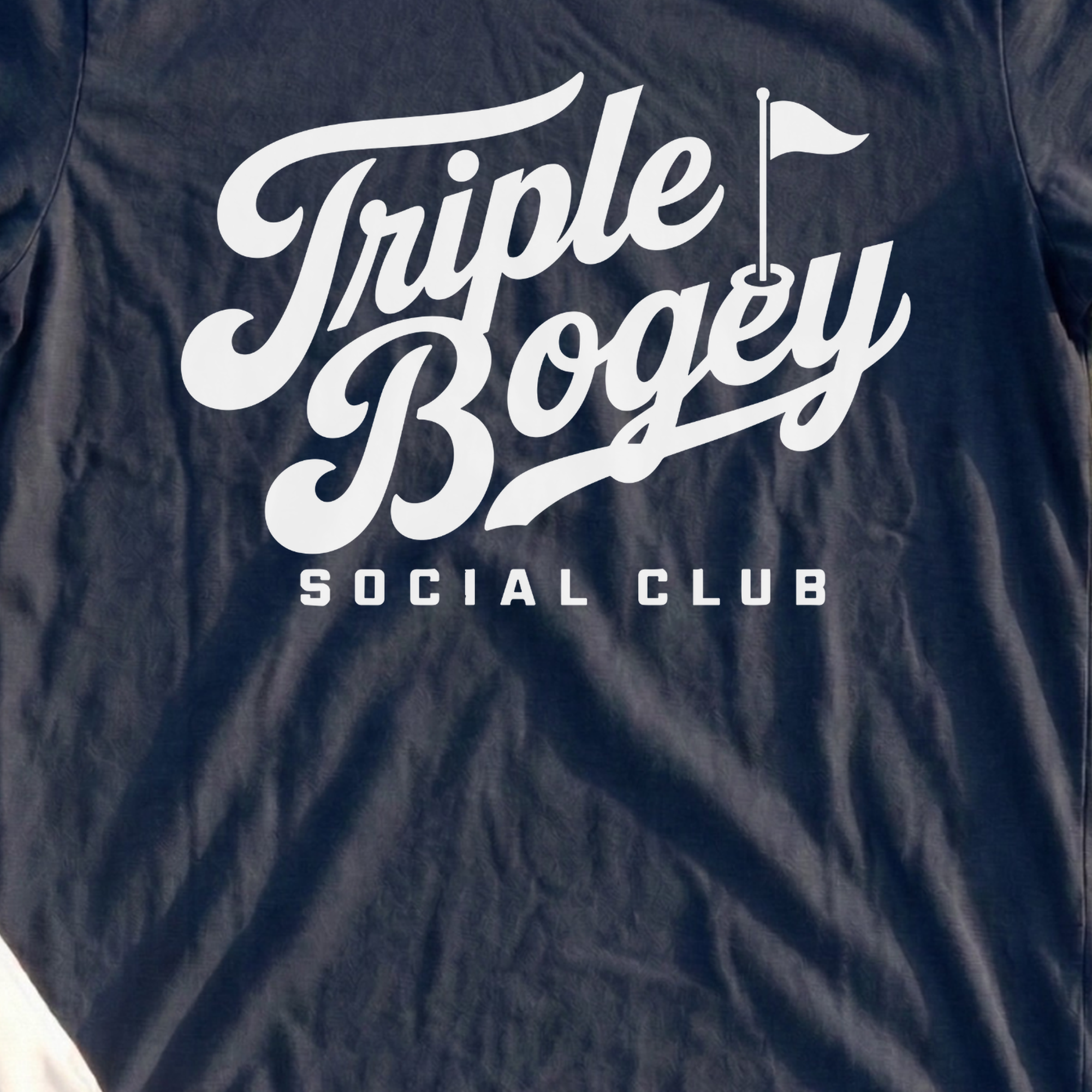 Triple Bogey Social Club Tee, print close-up on Navy