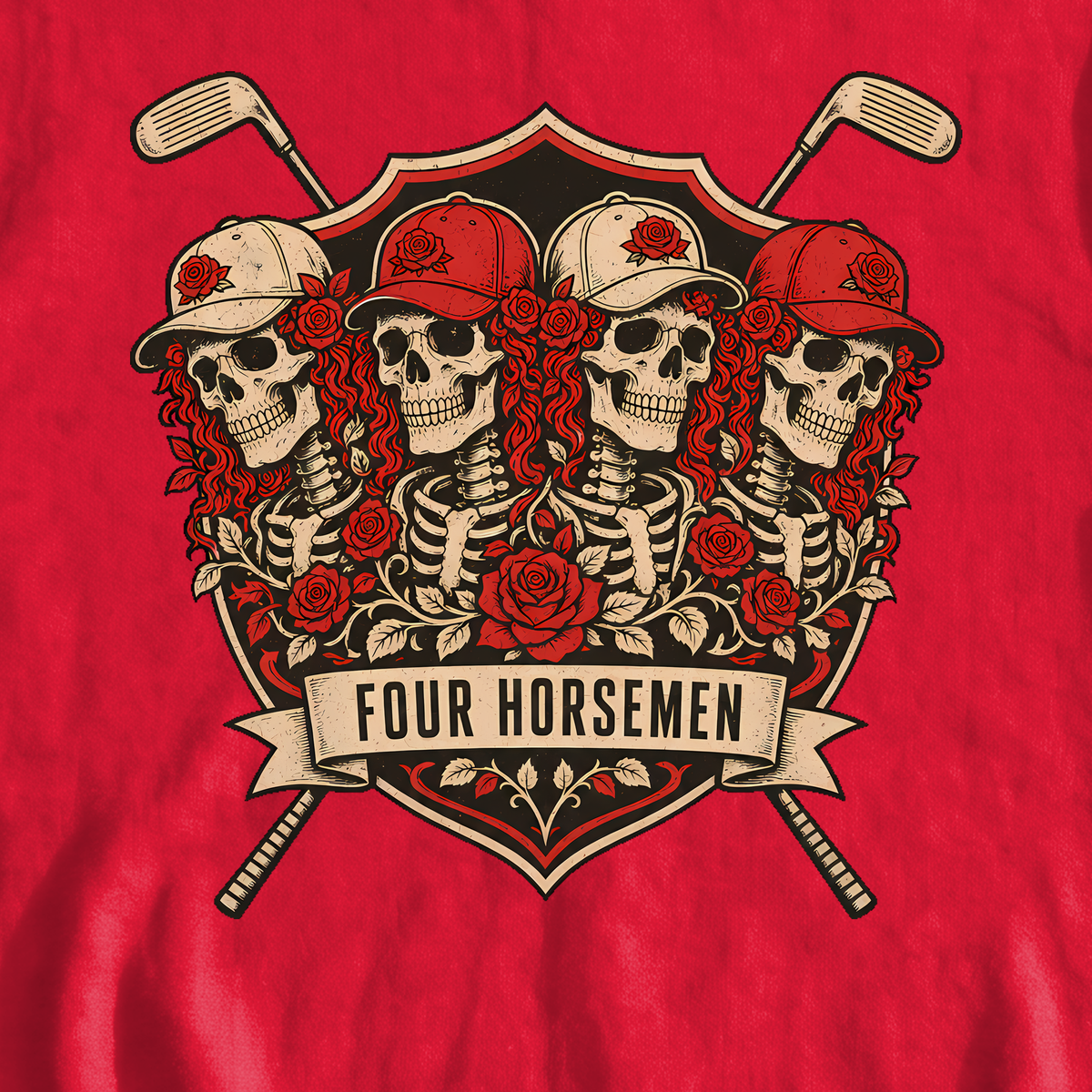 Four Horsemen Sweatshirt, print close-up on Red