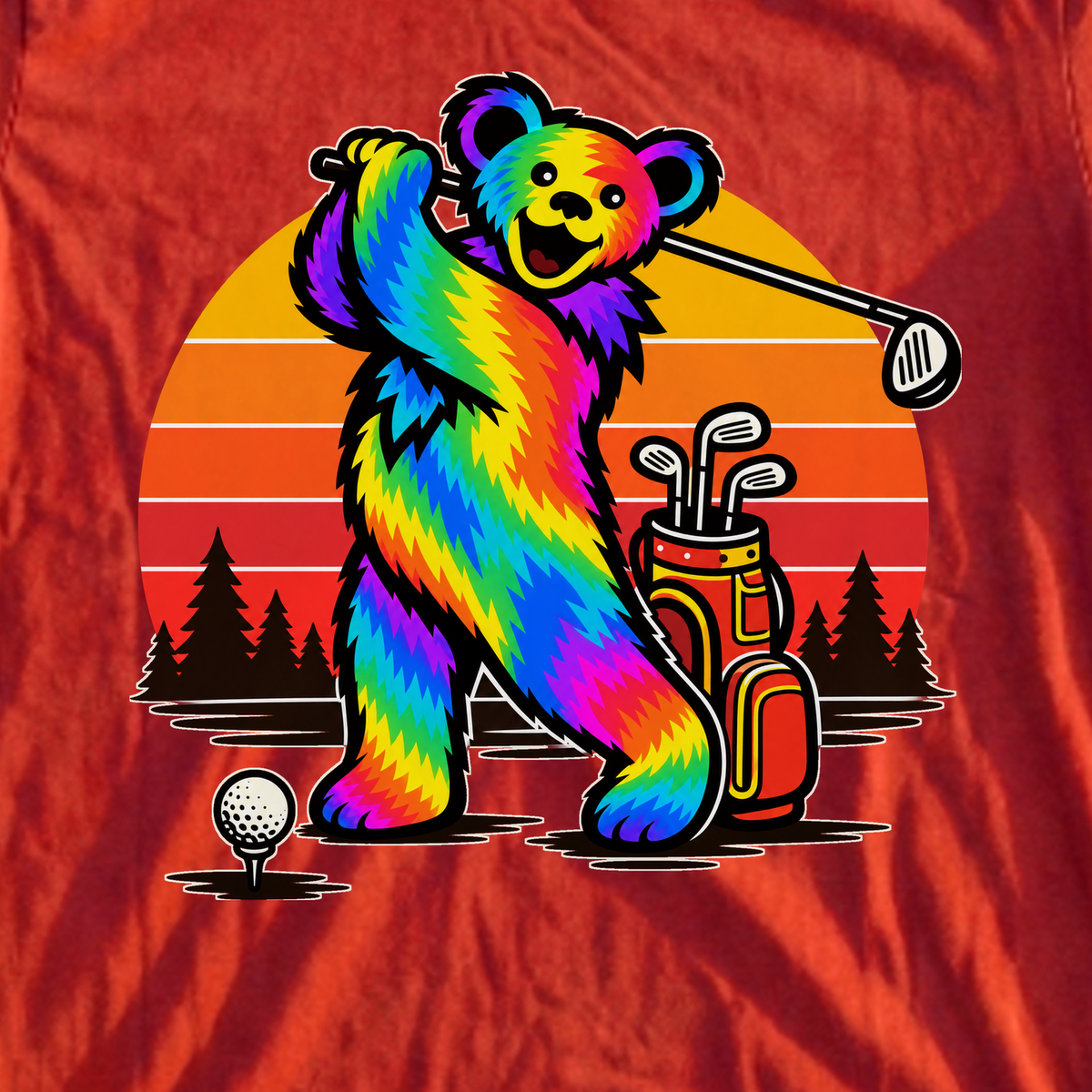 Long Strange Drive Sunset Tee, print close-up on Red