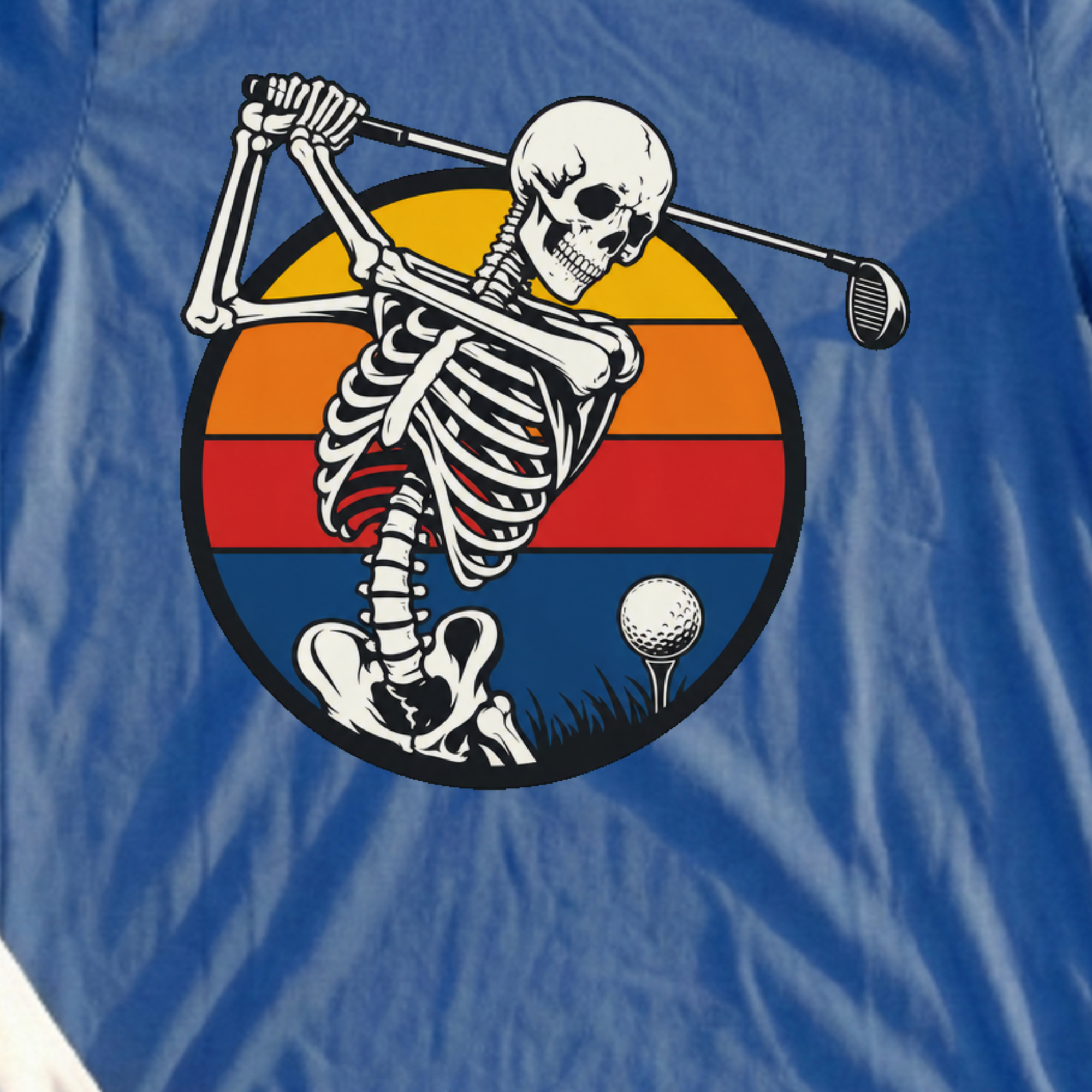 Sunset Skeleton Swing Tee, print close-up on Royal