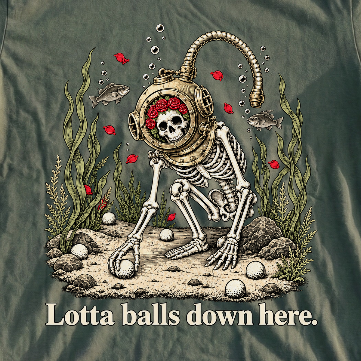 Lotta Balls Down Here Tee, print close-up on Military Green