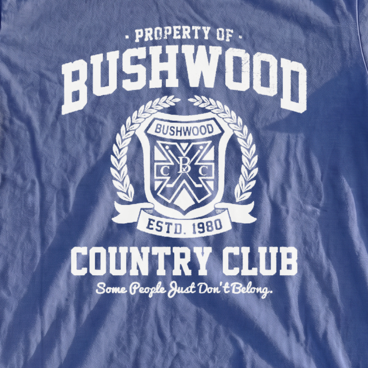 Bushwood 1980 Premium Tee, print close-up on Mystic Blue