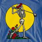 Rose Skeleton Follow Through Pop Art Tee, print close-up on Royal