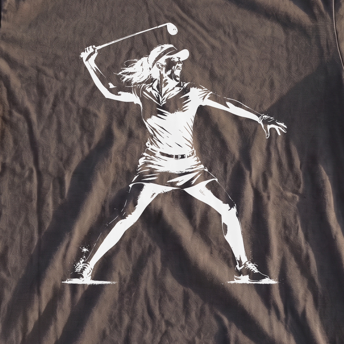 Angry Female Golfer Premium Tee, print close-up on Pepper
