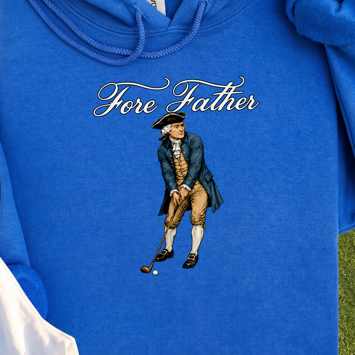 Fore Father Hoodie, print close-up on Royal