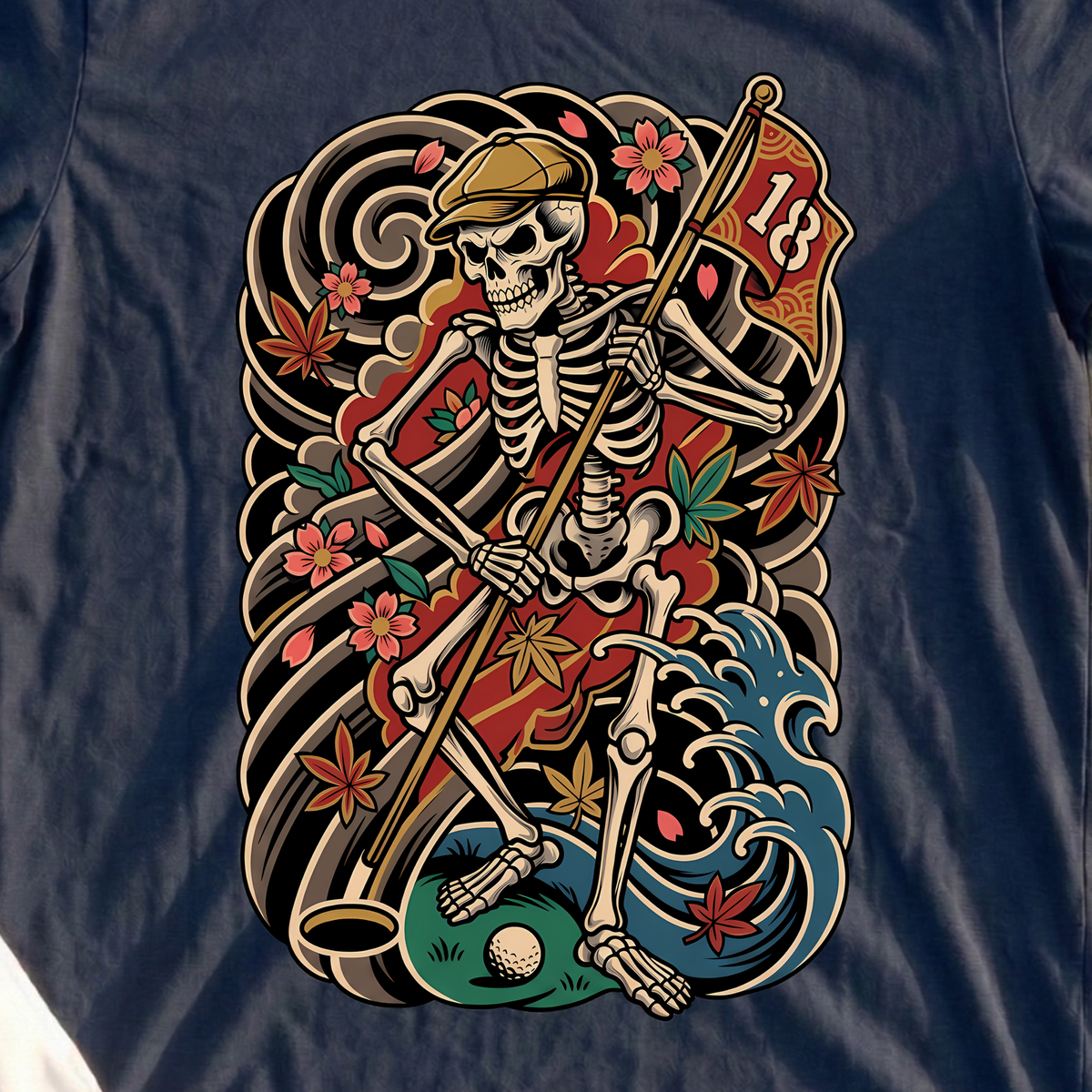 Japanese Tattoo Skeleton Tee, print close-up on Navy
