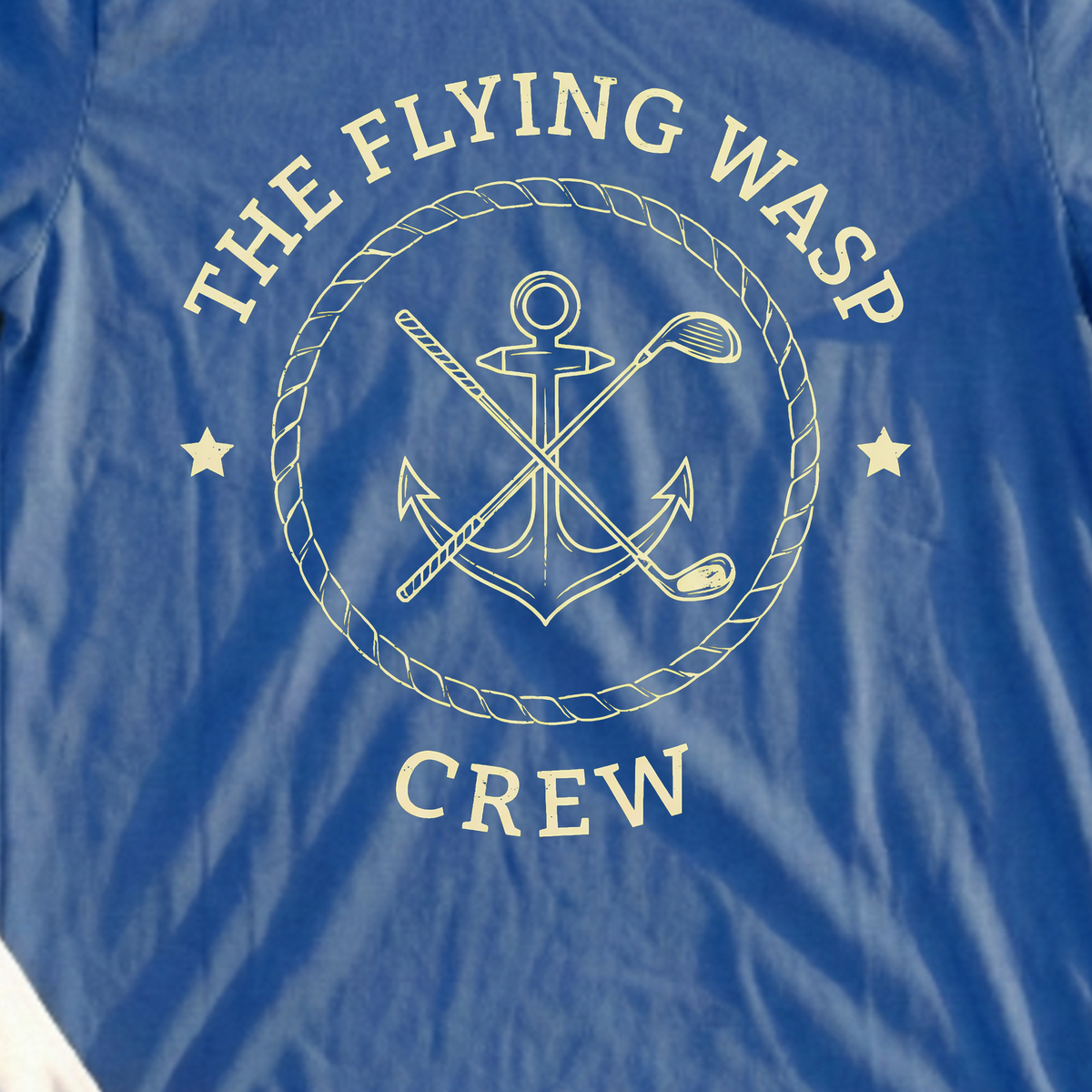 The Flying Wasp Crew Tee, print close-up on Royal