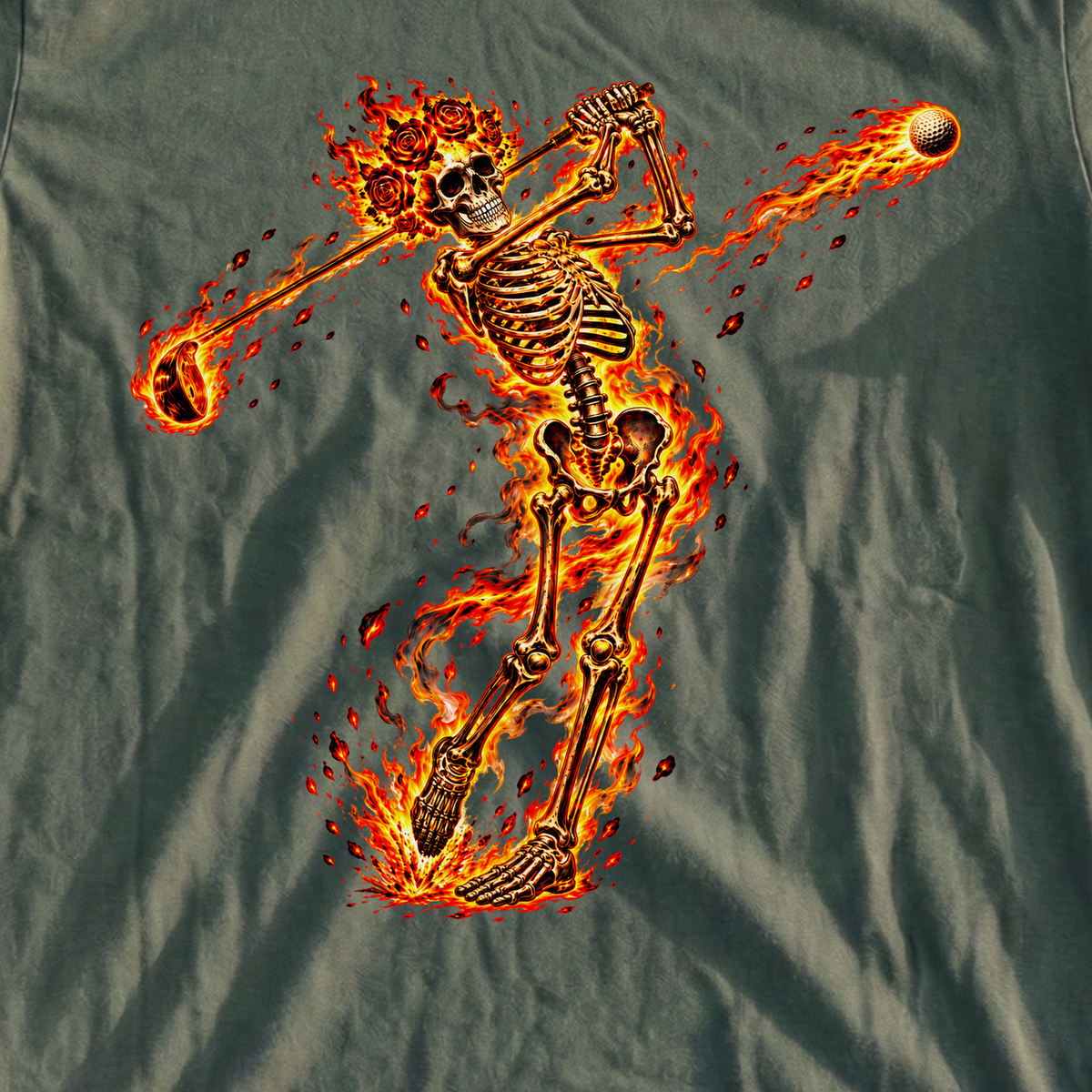 Rose Skeleton Flame Tee, print close-up on Military Green