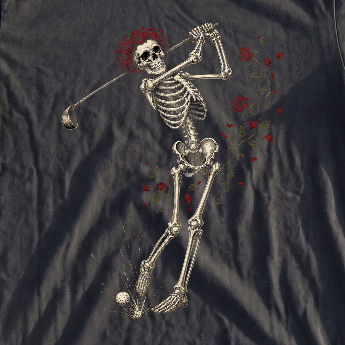 Rose Skeleton Swing Heavyweight Tee, print close-up on Moss