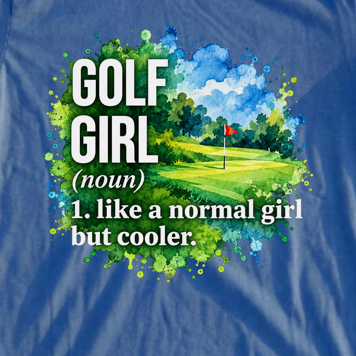 Golf Girl Watercolor Tee, print close-up on Royal