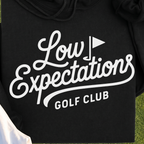 Low Expectations Club Hoodie, print close-up on Black