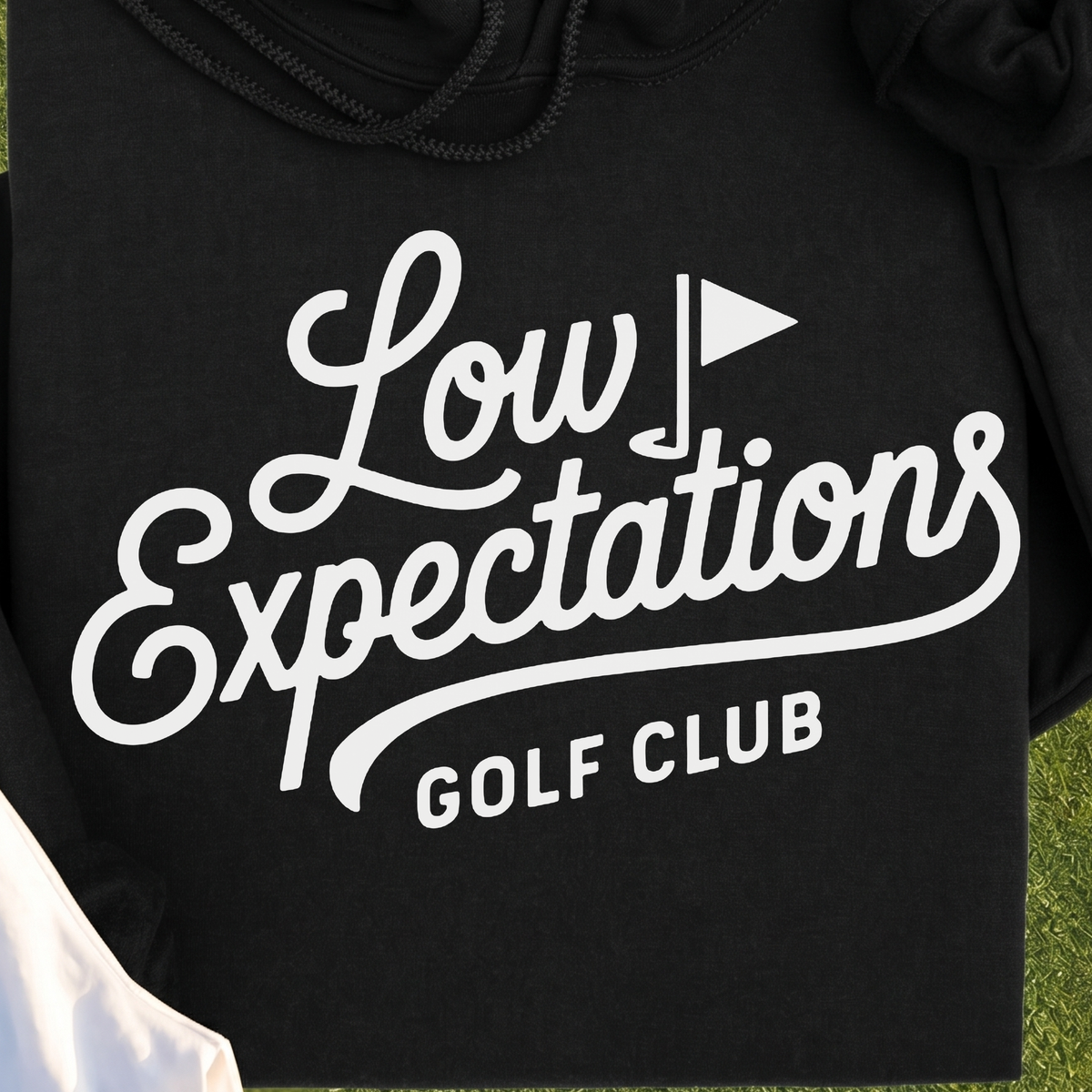 Low Expectations Club Hoodie, print close-up on Black