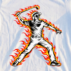 Angry Golfer Flames Tee, print close-up on White