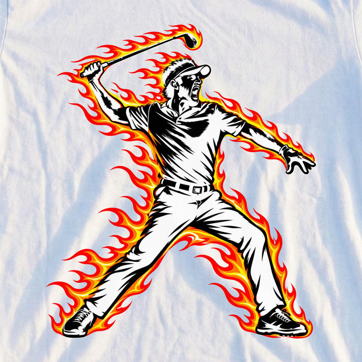 Angry Golfer Flames Tee, print close-up on White