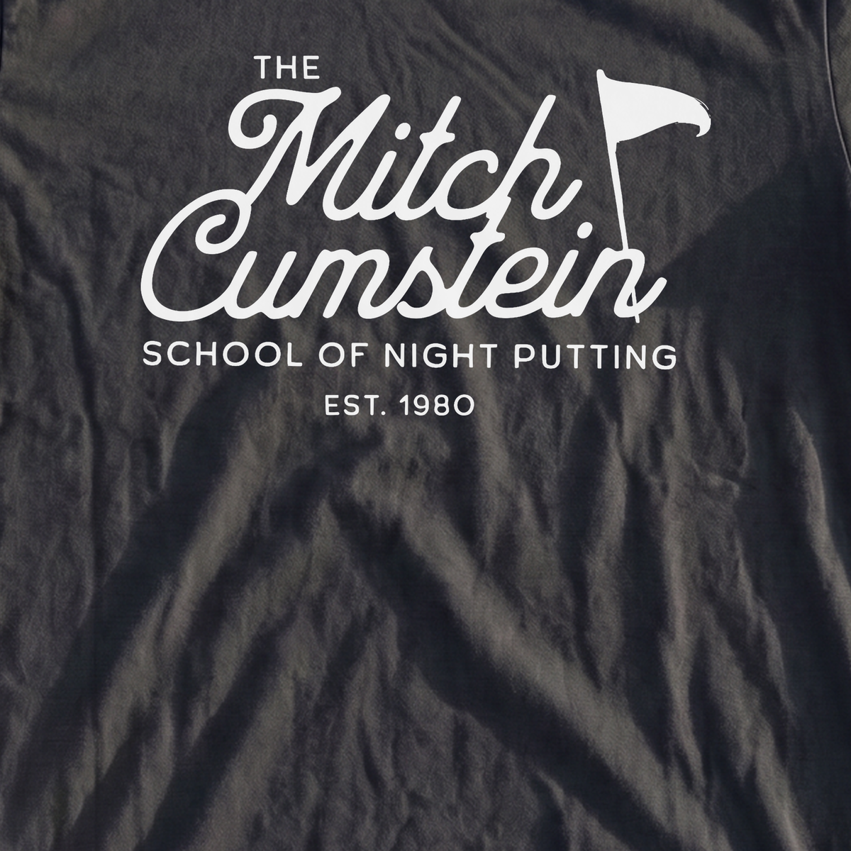 Mitch Cumstein School Of Night Putting Heavyweight Tee, print close-up on True Navy