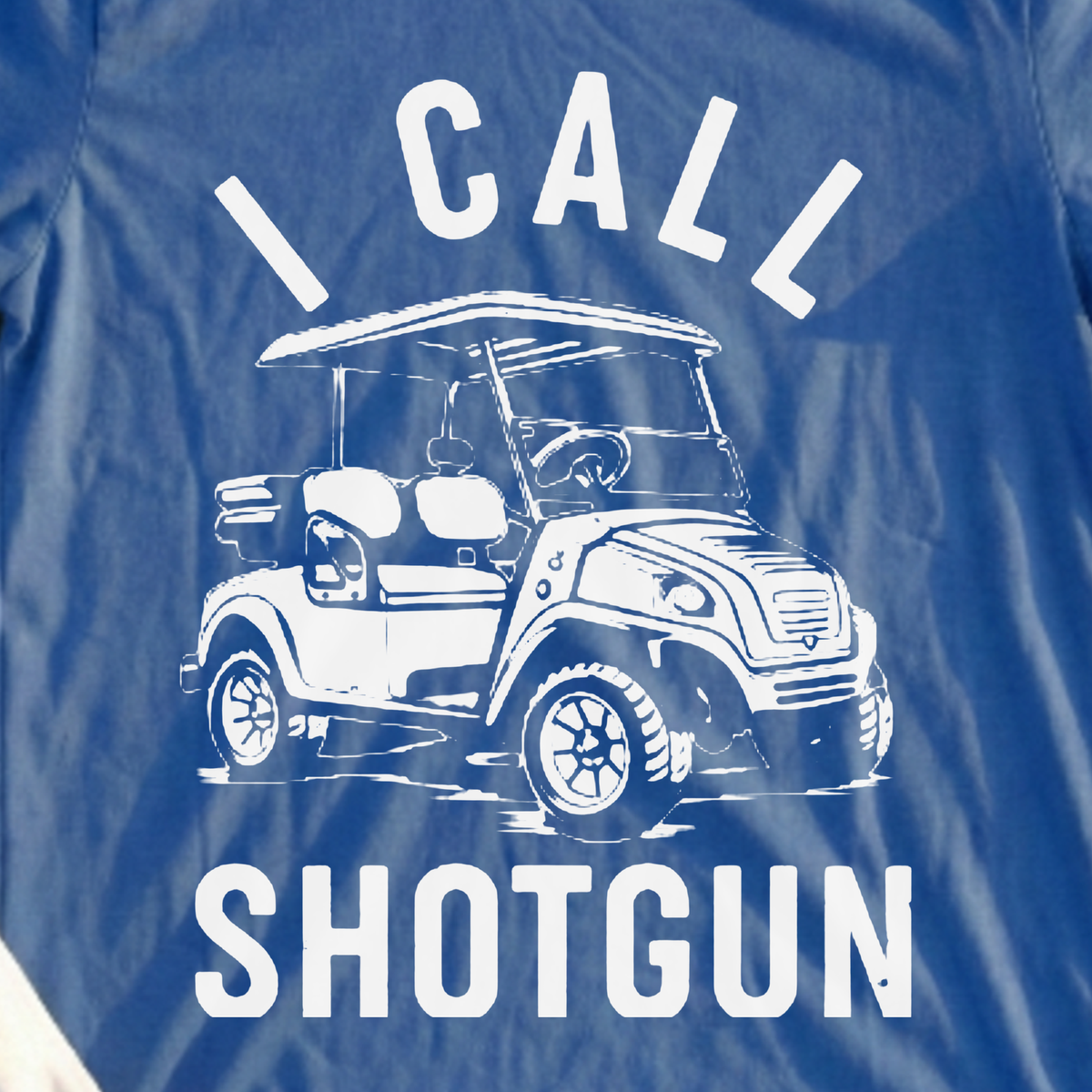 I Call Shotgun Tee, print close-up on Royal