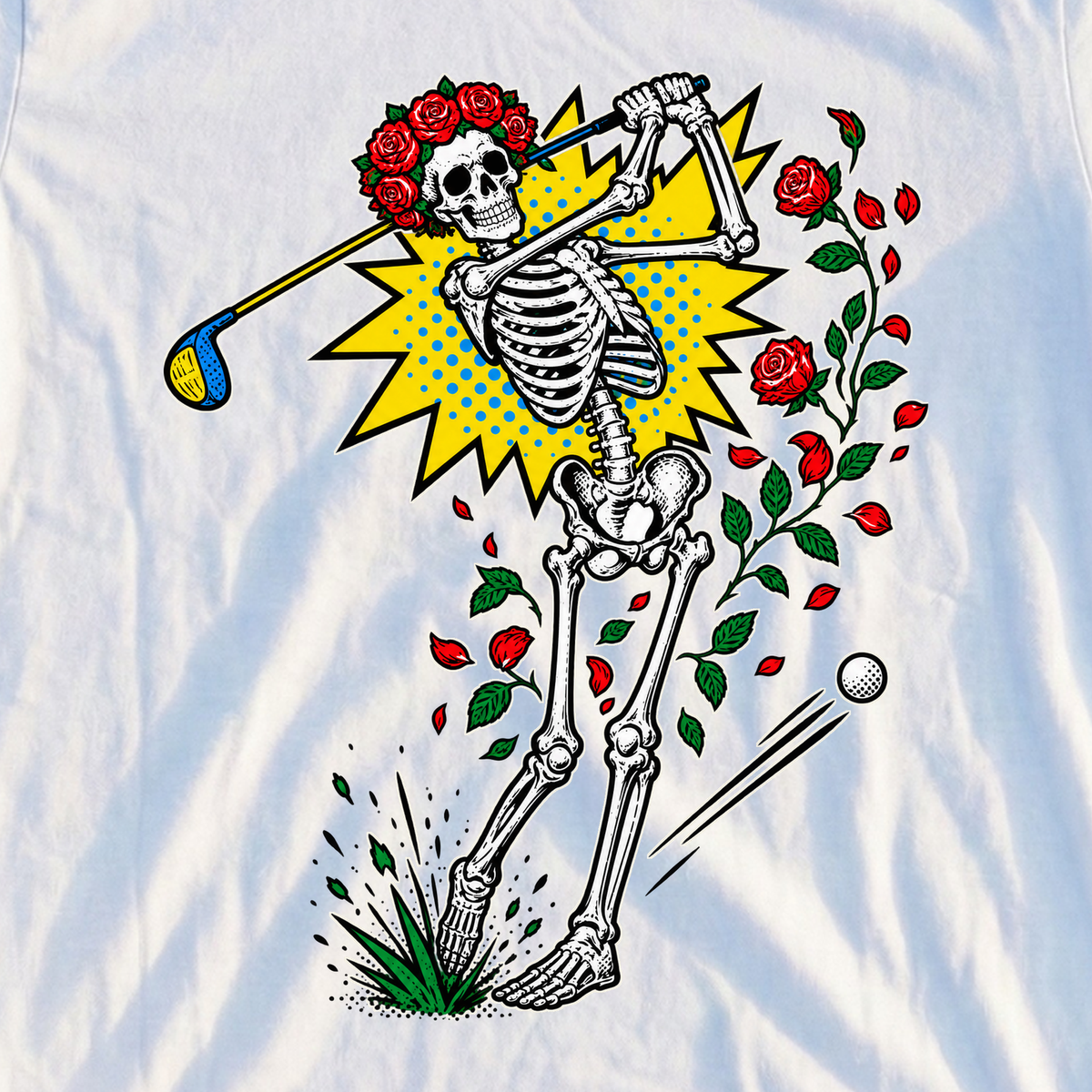 Rose Skeleton Pop Art Tee, print close-up on White