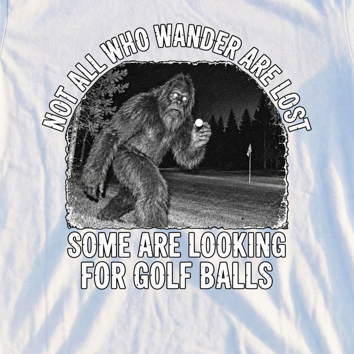 Wandering Sasquatch Trail Cam Tee, print close-up on White