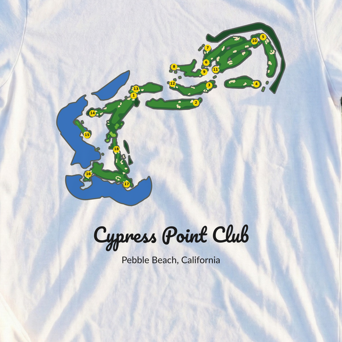 Cypress Point Club Course Map Tee, print close-up on White