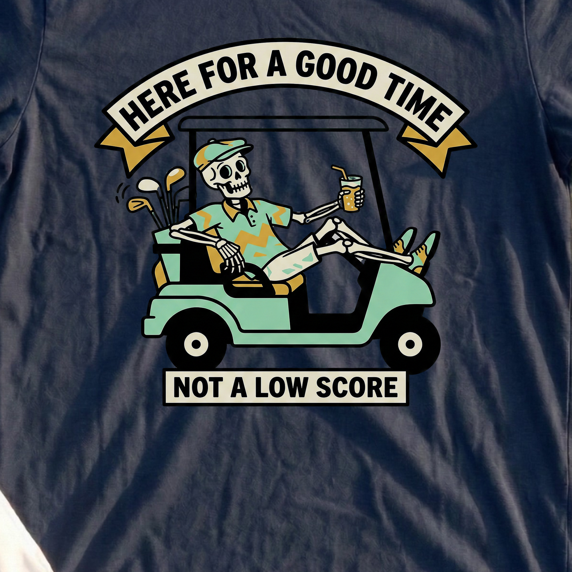 Here For A Good Time Tee, print close-up on Navy