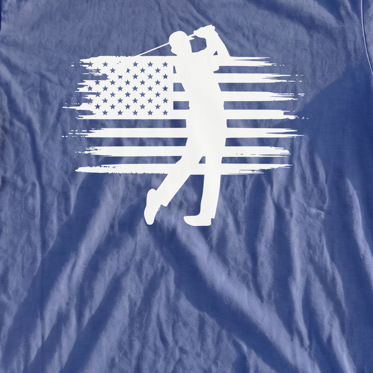 USA Flag Golfer Heavyweight Tee, print close-up on Mystic Blue
