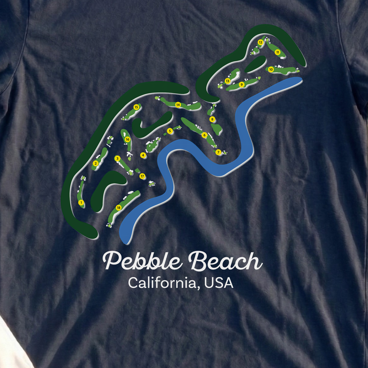 Pebble Beach Course Map Tee, print close-up on Navy
