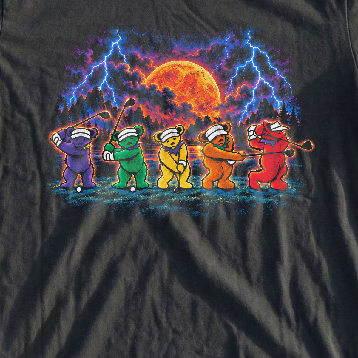 Golf Swing Bears Rock Tour Tee, print close-up on Black