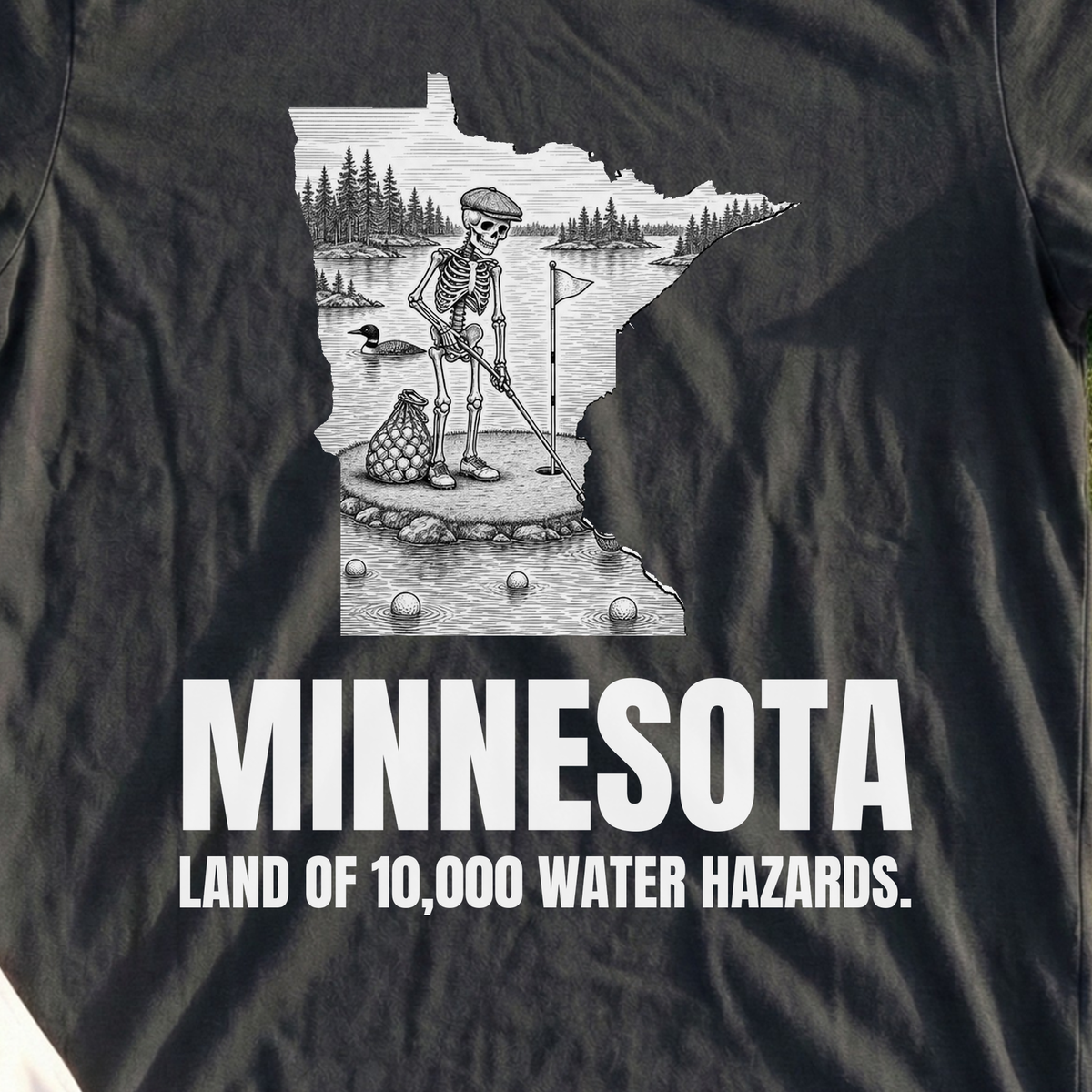 Minnesota Land Of 10000 Water Hazards Tee, print close-up on Black