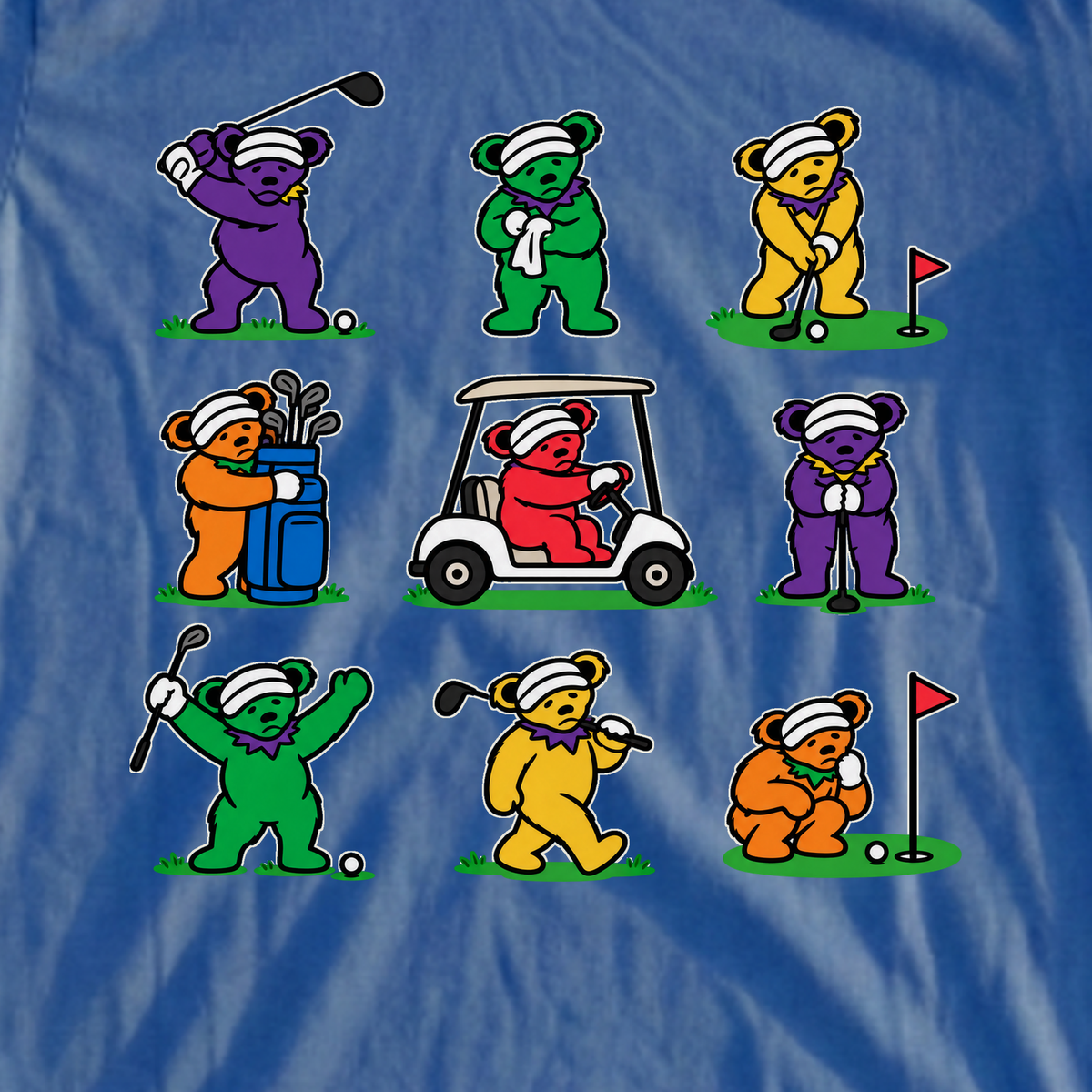 Golf Swing Bears Golf Grid Tee, print close-up on Royal
