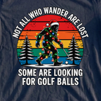 Wandering Sasquatch Christmas Lights Tee, print close-up on Navy