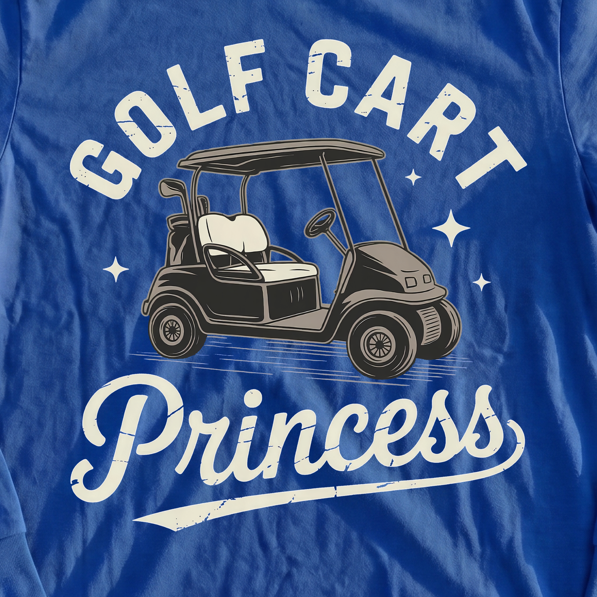Golf Cart Princess Long Sleeve Tee, print close-up on Royal