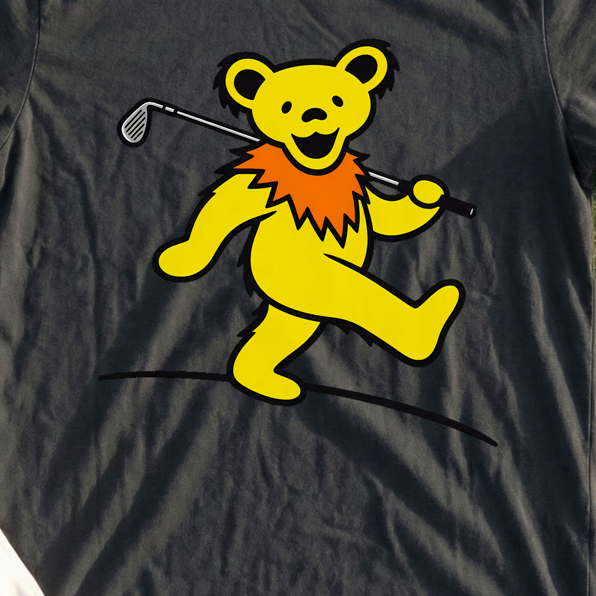 Bear's Cart Path Victory Strut Tee, print close-up on Black