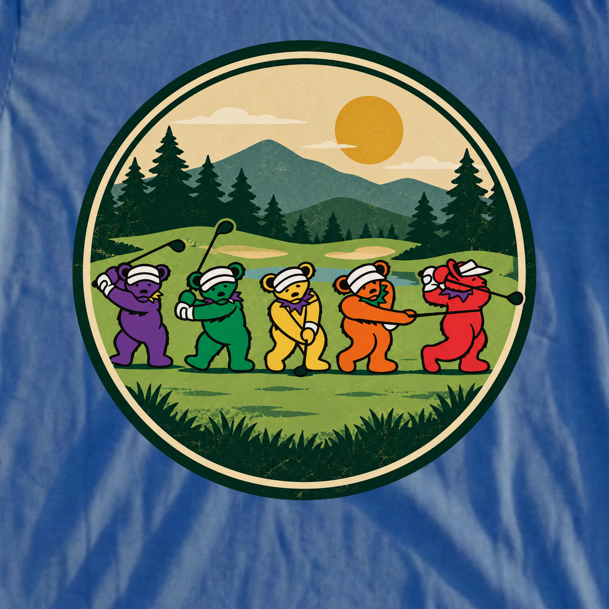 Golf Swing Bears Park Badge Tee, print close-up on Royal
