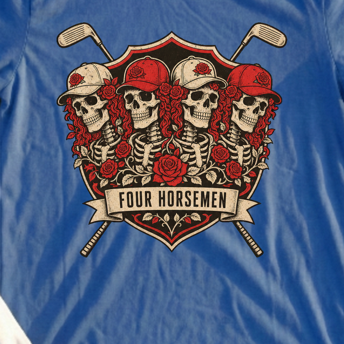 Four Horsemen Tee, print close-up on Royal