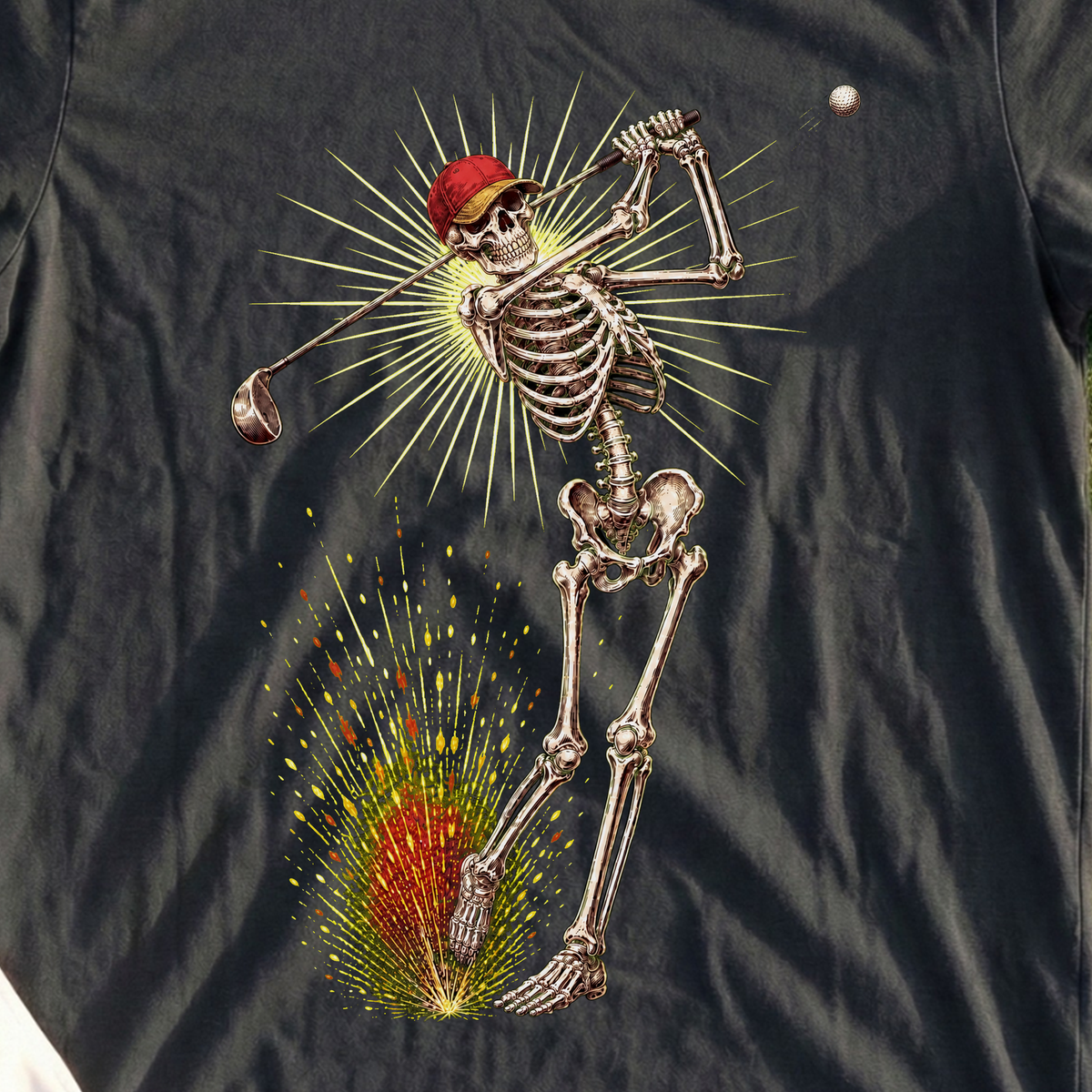 Skeleton Swing Sunburst Tee, print close-up on Black