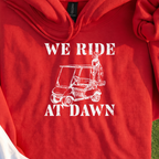 We Ride At Dawn Cart Hoodie, print close-up on Red