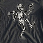 Martini Skeleton Strut Street Art Tee, print close-up on Black