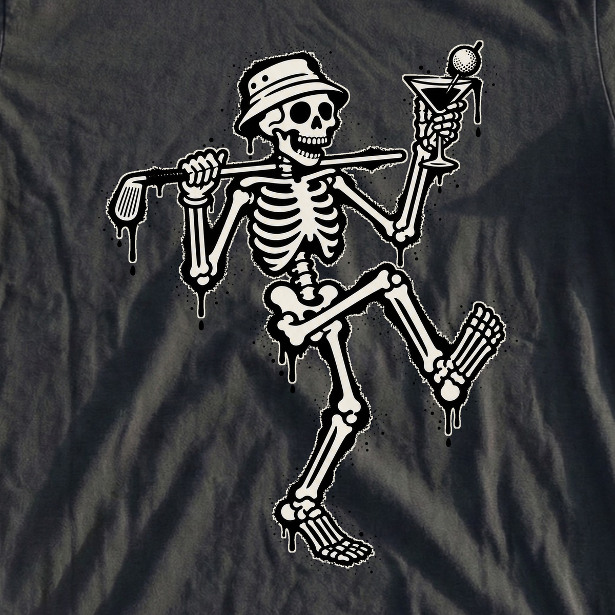 Martini Skeleton Strut Street Art Tee, print close-up on Black
